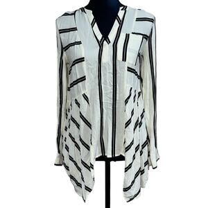 Maeve Popover Tunic Ivory Black Stripes Asymmetric Hem Long Sleeves size 2